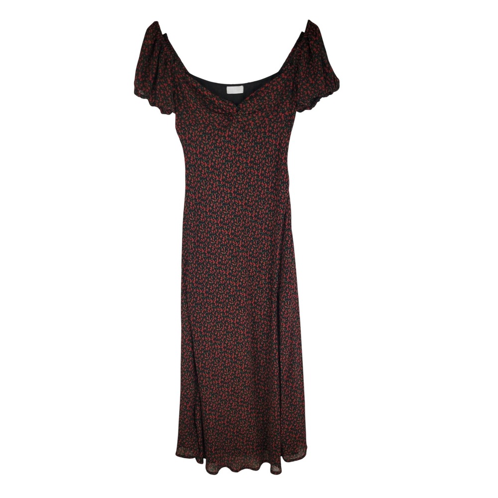 Isalis Puffed Sleeve Ditsy Floral Maxi‎ Dress Size Large Sweetheart Neckline Red